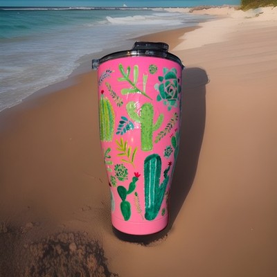 Orca 22oz Pink Cactus Painted Chaser Tumbler! EUC! Rare! 7.5  Tall