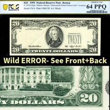 HGR ((ERROR)) 1993 $20 FR.2079-A (WOW See Front and Back) PCGS CHOICE UNC 64PPQ