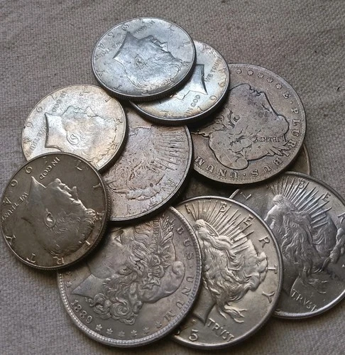 10pc Morgan Peace Dollar & Kennedy Half US Silver 10 Coin Lot See Pictures