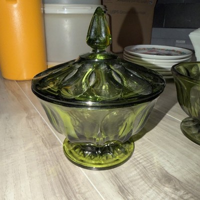 Anchor Hocking Fairfield Avocado Green Lidded Candy Dish Pressed Glass.   