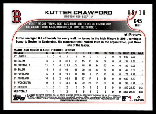 2022 Topps Mini Blue Kutter Crawford Rookie 06/10 Boston Red Sox #645 - Picture 2 of 2