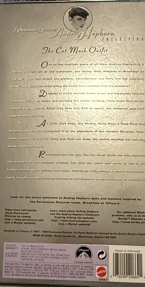 Breakfast at Tiffany's The Cat Mask Outfit Barbie Fashion 1998 Mattel 20664 Foto 2 de 4