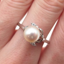 925 Sterling Silver Real Pearl  C Z Ring Size 8.75