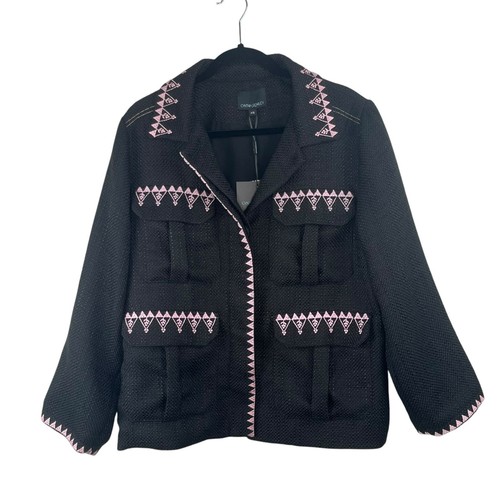 Cynthia Rowley Black Pink Tweed Embroidered Oversize Damen Utility Jacket XS NWT - Picture 3 of 15
