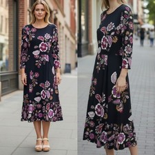 Talbots sz 8 ruched jersey midi dress black floral 3/4 sleeves stretch bohemian