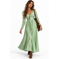 Vintage 70s Empire Waist Maxi Dress sz S Disco Boho Chic Mint Green Seaforam