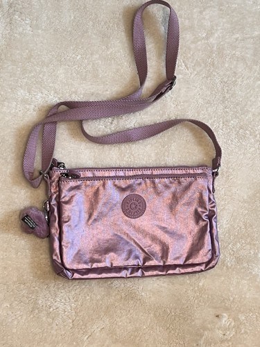 KIPLING Mikaela Crossbody Double Zip Compartment Metallic Nylon Pink EXCELLENT - Picture 2 of 9