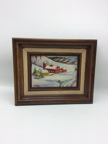 Piccolo dipinto olio scena fattoria invernale firmato 1984 campagna innevata arte incorniciata - Foto 1 di 12