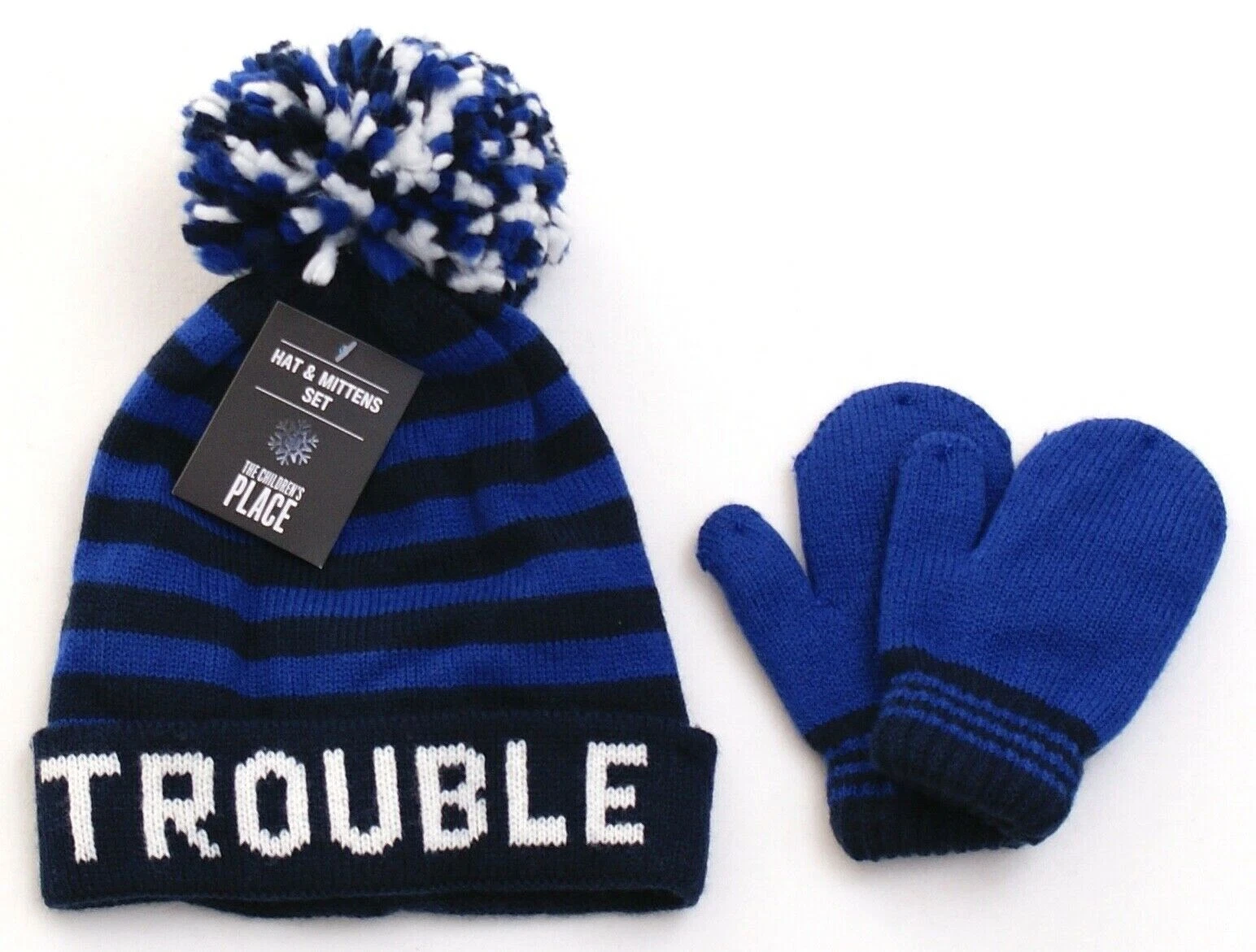 The Children's Place Blue Stripe Knit Pom Beanie & Gloves 12 - 24 Months NWT