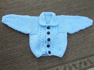 BRAND NEW HAND KNITTED BABY BOYS BABY BLUE ARAN CARDIGAN WITH COLLAR  UK