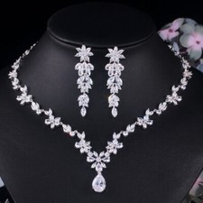 Silver Plated CZ Flower Leaf Dangle Drop Necklace Earring Engagement Jewelry Set