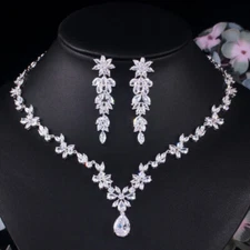 Silver Plated CZ Flower Leaf Dangle Drop Necklace Earring Engagement Jewelry Set