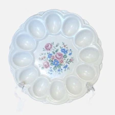 Vintage E&R American Artwear Cream Floral 12 Deviled Egg Scalloped Platter 9”x9”