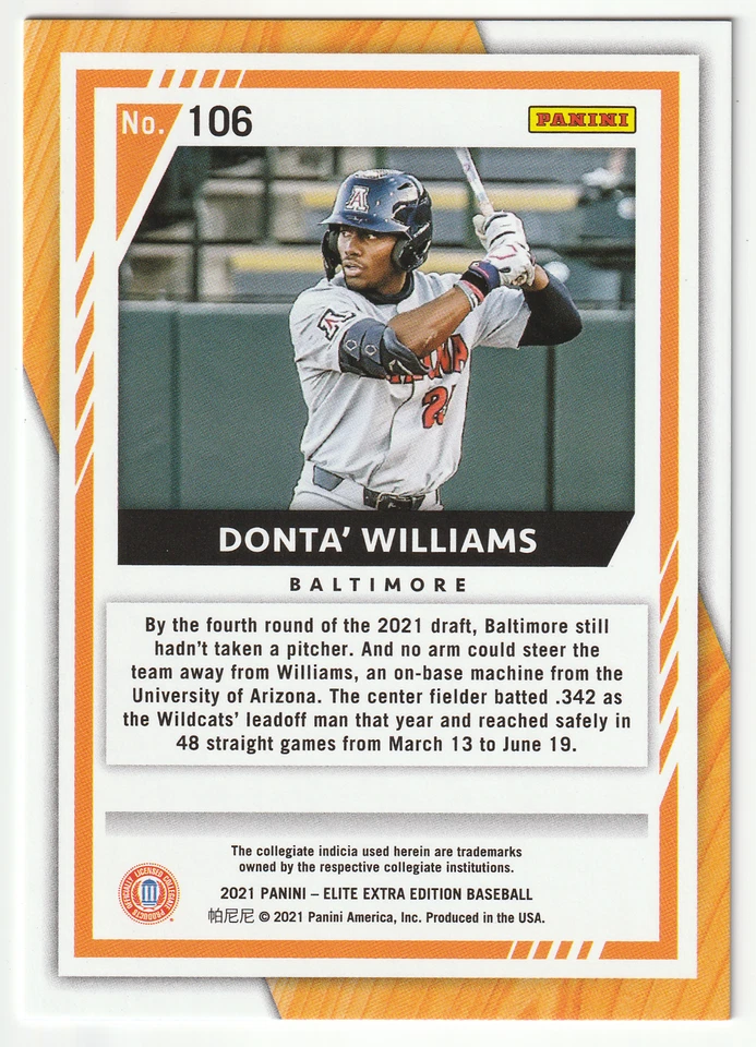 Donta' Williams 2021 Panini Elite Extra Edition #/999 #106 Orioles - Image 2 of 2
