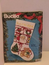 Bucilla Christmas Sampler 18" Stocking Cross Stitch Kit 83127 Santa Bear 1994