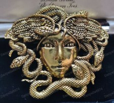 Large Antique Gold Tone Medusa Snake Lady Brooch Pin Vintage Style Jewellery