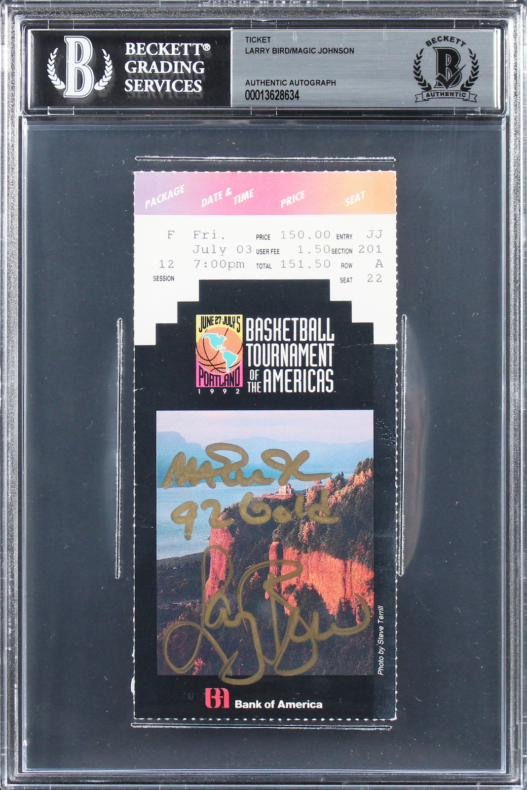 Magic Johnson Autographed Signed & Larry Bird "92 Gold" 1992 Tota Ticket Stub Beckett Slabbed 3 