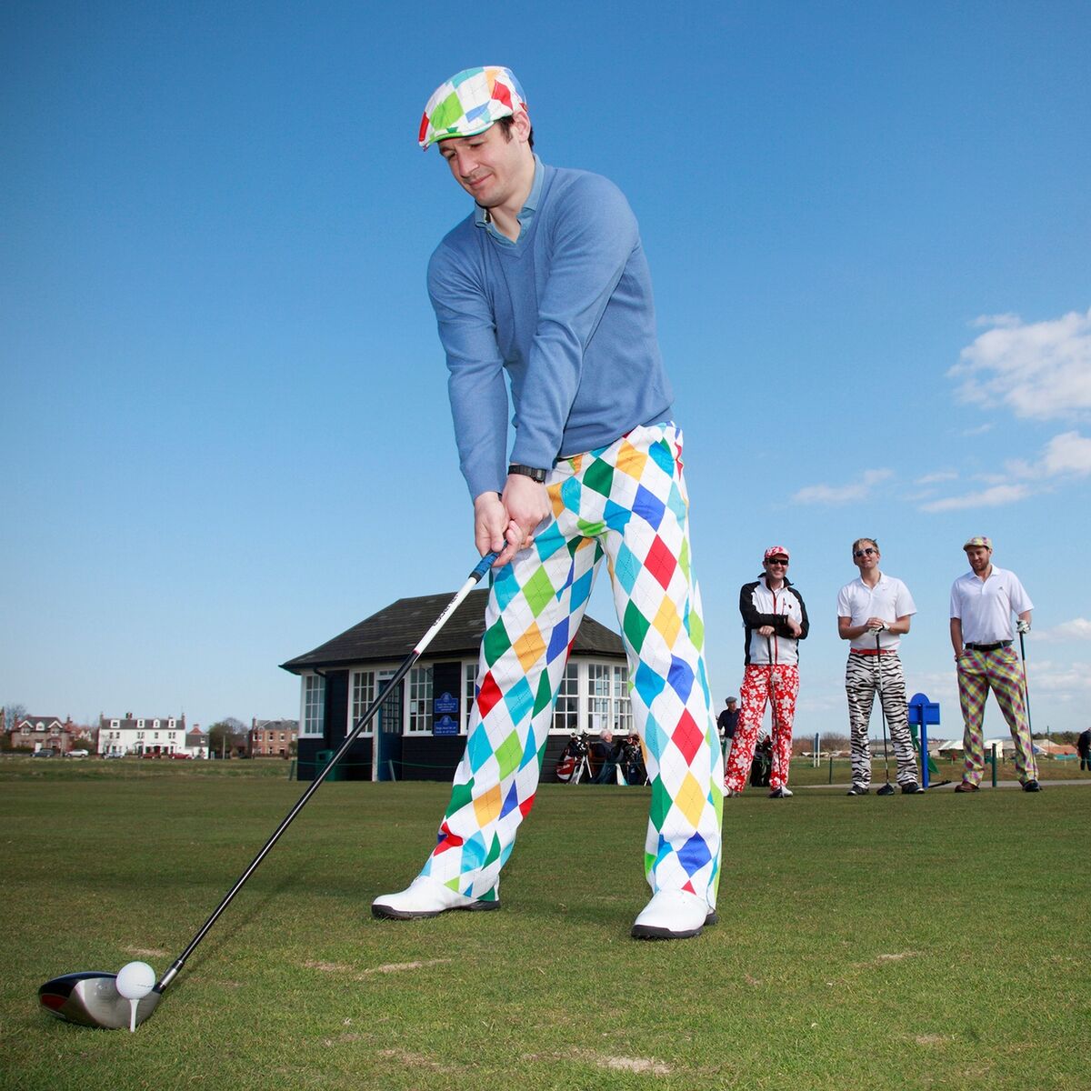 Royal and Awesome Men`s Golf Pants King of Diamonds Argyle Royal and Awesome Men`s Golf Pants King of Diamonds Argyle