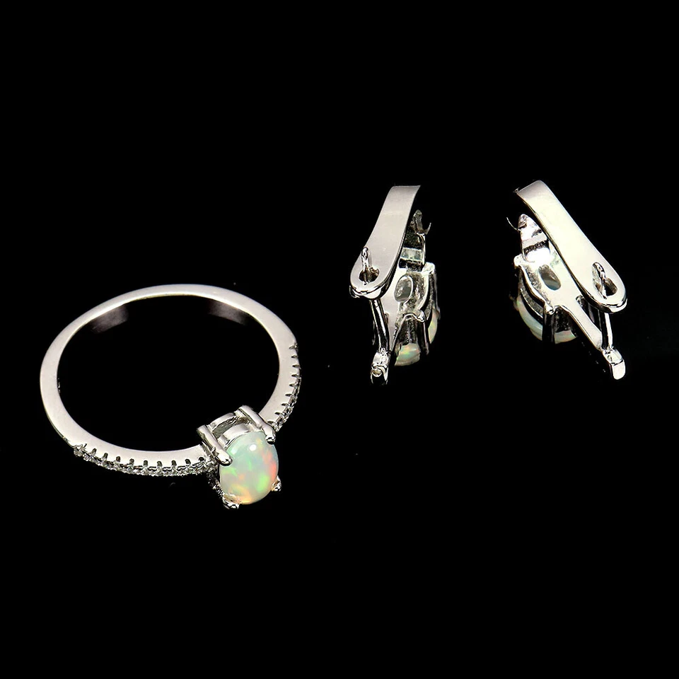 925 Argento Sterling Set Ovale Opale di Fuoco 7x5mm Gemma Pietra Naturale - Immagine 3 di 4
