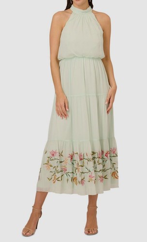 Adrianna Papell Women's Green Chiffon Floral Beaded Halter A Line Dress Size 12 - Bild 1 von 3