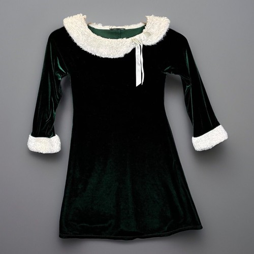 Velvet Green Dress Girls 7 Faux White Fur Trim Long Sleeve Vintage Christmas