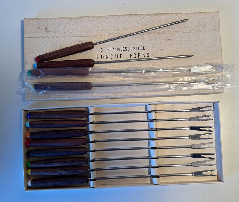12PC Set VTG- 10 Wood Handle Color Tip Stainless Fondue Forks +2 Skewers w/box