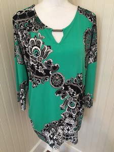 Chico-039-s-Sz-3-XL16-Green-Black-Floral-Tunic-Blouse-Ruched-Sides-3-4-Sleeves-EUC