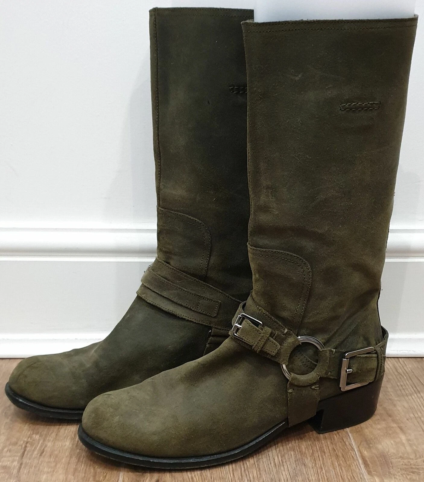 Bottes décontractées CHRISTIAN DIOR vert olive daim mollet hauteur boucle étrier 40 UK7