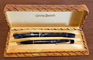 CONWAY STEWART 15 FOUNTAIN PEN & PENCIL SET 14KT NIB UNCLEANED BOX TATTY.