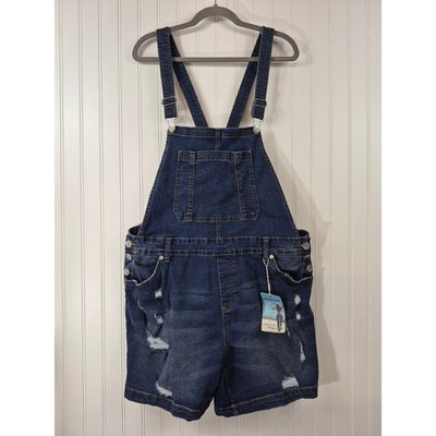 NEW Highway Jeans Womens 2X Distressed Denim Shortalls Dark Wash Overalls W41''