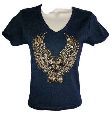 Raquel Rocks Womens T-Shirt Top Medium Black Beads & Rhinestones Cotton Casual 