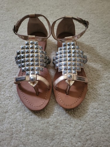 Les Tropeziennes Sandals 7 37 Gold Silver Leather Studs French St Tropez Roman