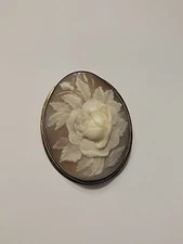 Vintage Shell Cameo Rose Silver Pendant Brooch