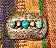Vintage Native American Sterling And Turquoise - bone ? Belt Buckle 34.59g