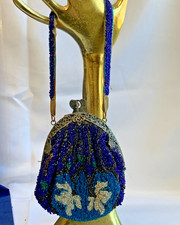 Antique Seed Bead Purse Blue White Floral Handbag Pocketbook Sling Bag Repair
