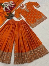 Readymade Heavy Chinnon Silk Top Palazzo With Orange Dupatta For Women Festival