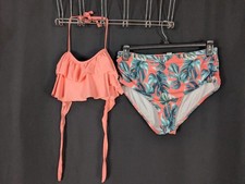 Women's Peach W/ Green Monstera Plant Leaf High Waisted, Ruffle Top Bikini Sz XL