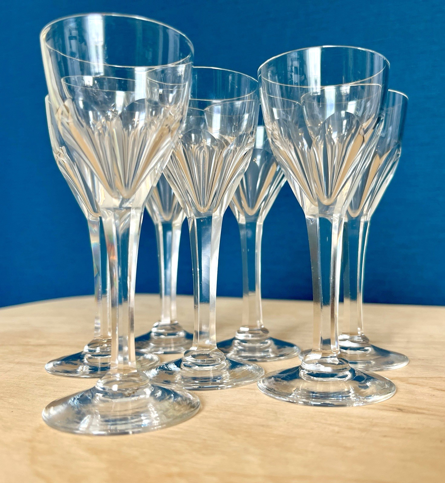 Vintage Hand Cut Lead Crystal Liqueur Glasses Faceted Stem Set of 7 High Quality image 7