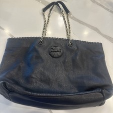 Tory Burch Marion East West Tote Slouchy Leather Black Logo Whipstich Boho Lux