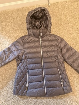 Michael Kors Women's Gray Packable Hooded Puffer Jacket Full Zip Size L