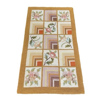 Vintage Floral & Geometric Pattern Hooked Rug 29 x53  Some Spots