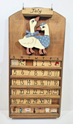 Vintage Goose Wood Perpetual Calendar Country Granny Core Blue Ribbon Complete