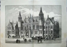 Old Antique Print 1887 Law Courts Birmingham Buildings Architecture Art 19th