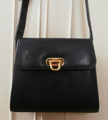 Vintage 1990er dunkelblau Faux Echsenleder Vinyl Schultertasche von Marks & Spencer