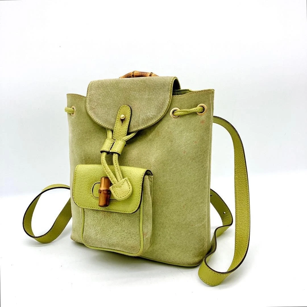 GUCCI Bamboo Backpack Suede Green Gold 003 2058 0030 Auth AMZ374 Gucci | Bags | Gucci Large Bamboo Backpack | Poshmark main image 2