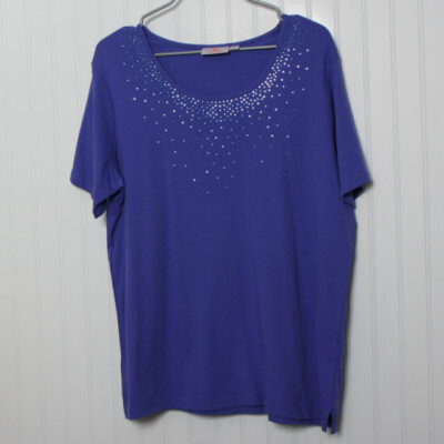 Quacker Factory Purple Sequined Short Sleeve Round Neck Cotton Top 1x