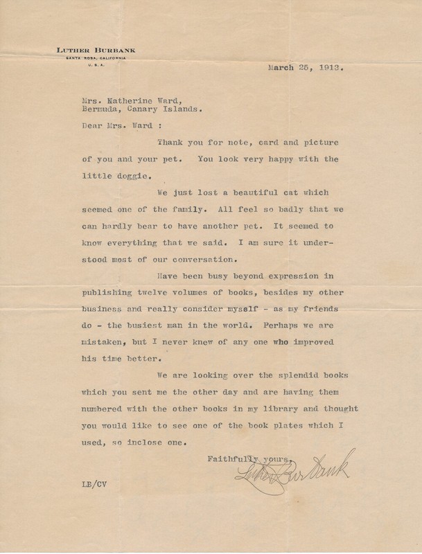 Horticulturalist Luther Burbank on the Recent Loss of His Cat