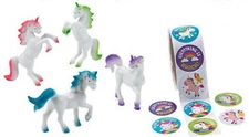 12 UNICORN Figures & 36 Stickers 3" Figurines Magical Fairytale Favors Lot