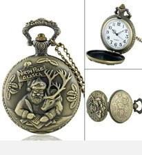 Retro Quartz Pocket Watch Antique Design. Santa Claus and Reindeer. Bronze.