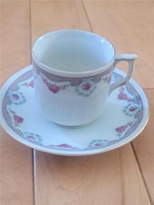 KAHLA GERMANY PINK FLORAL DEMITASSE TWO CUPS AND ONE SAUCER